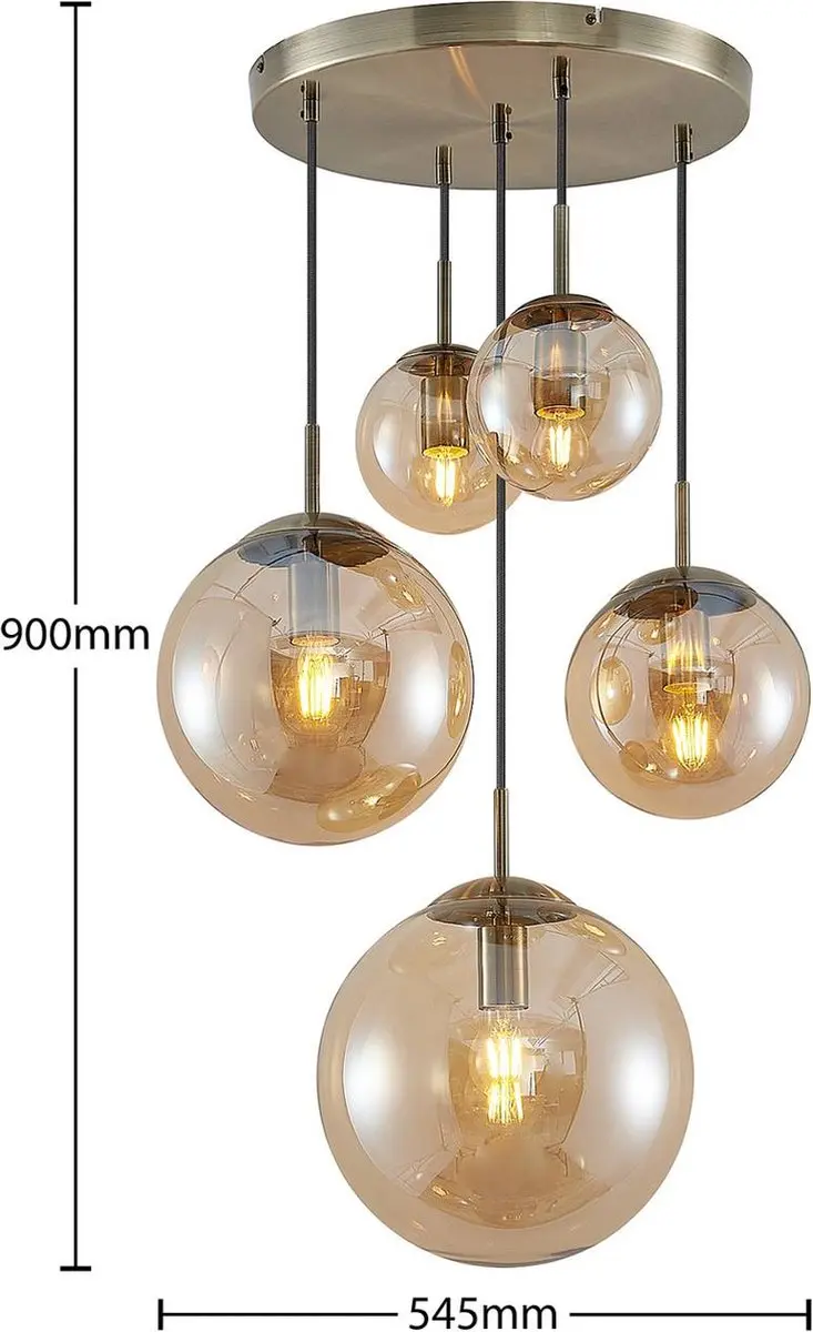Lindby Hanglamp 5-lichts Glas Staal - Amber/Oud Messing