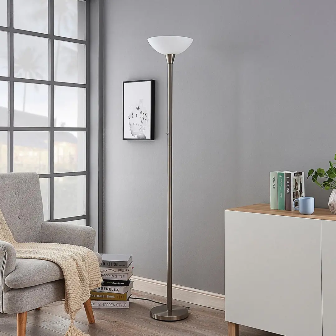 Lindby Vloerlamp Metaal Glas 180cm - E27 - Nikkel/Wit