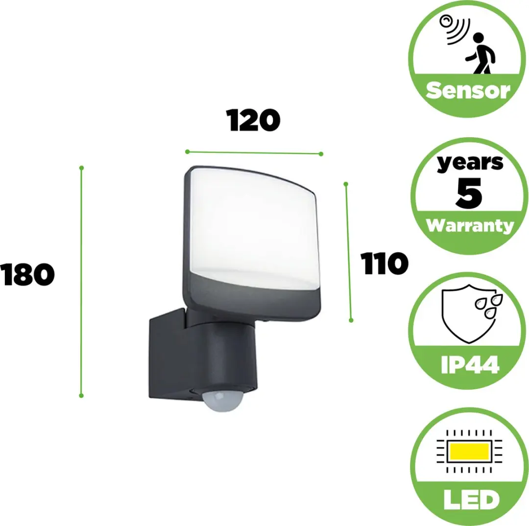 Lutec Sunshine LED Wandlamp Buiten - 800 Lm - PIR Sensor - Donkergrijs