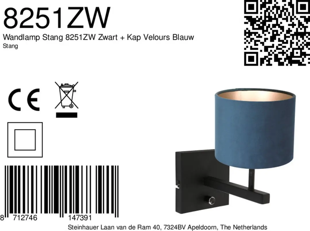 Steinhauer Stang 8251ZW Wandlamp - Blauw/Zwart - afbeelding 6 van 6