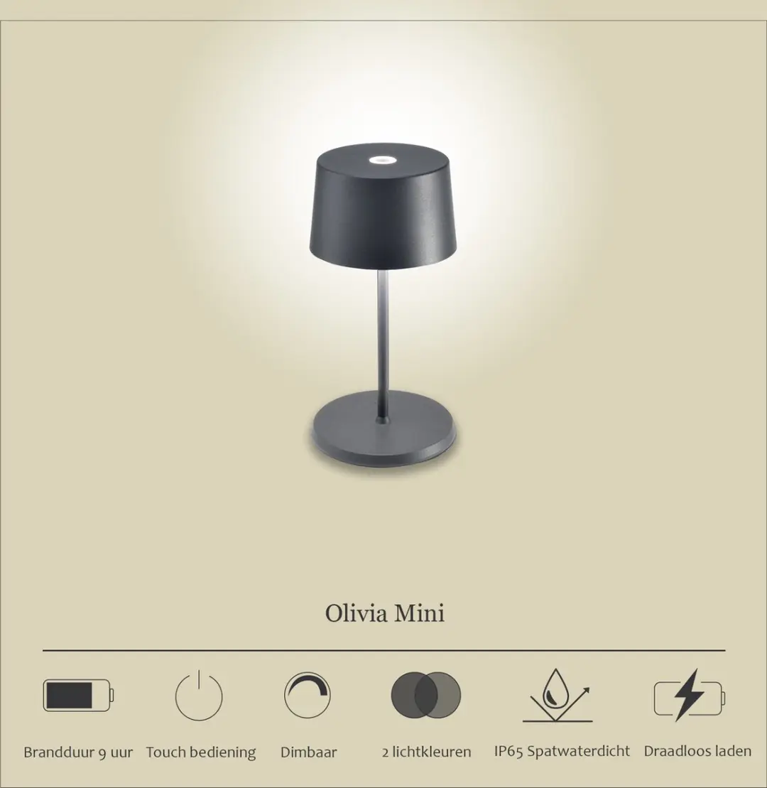 Zafferano Olivia Mini Oplaadbare LED Tafellamp - Antraciet