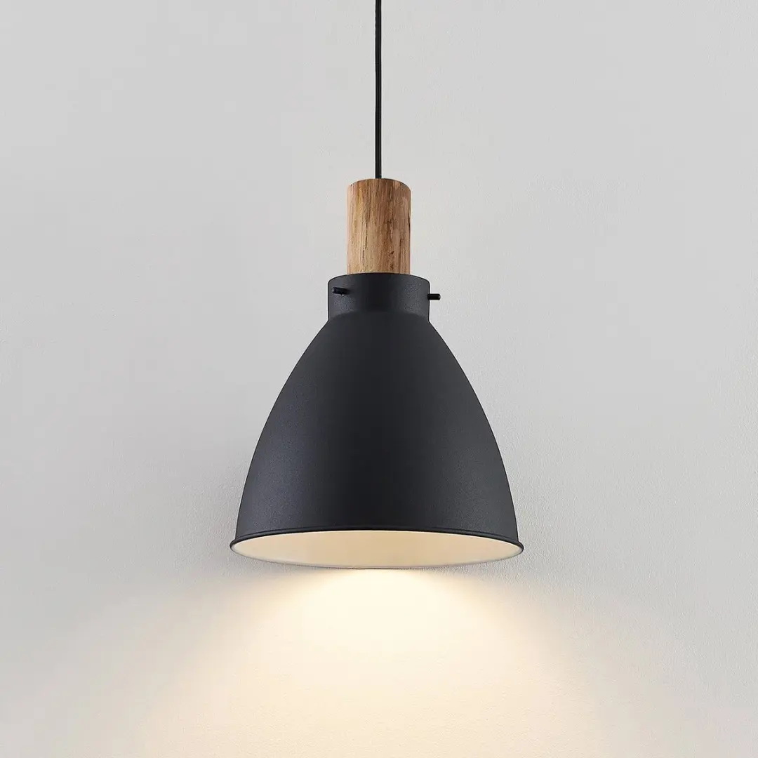 Lindby Hanglamp IJzer Eucalyptushout 28cm - E27 - Zwart/Licht Hout