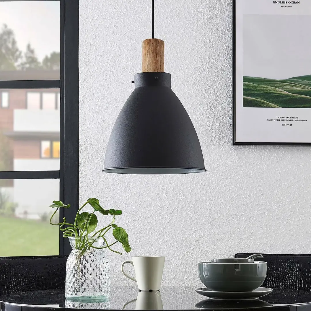 Lindby Hanglamp IJzer Eucalyptushout 28cm - E27 - Zwart/Licht Hout