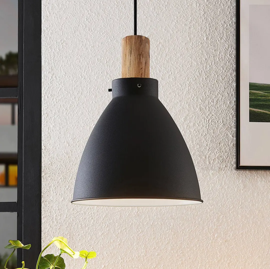 Lindby Hanglamp IJzer Eucalyptushout 28cm - E27 - Zwart/Licht Hout