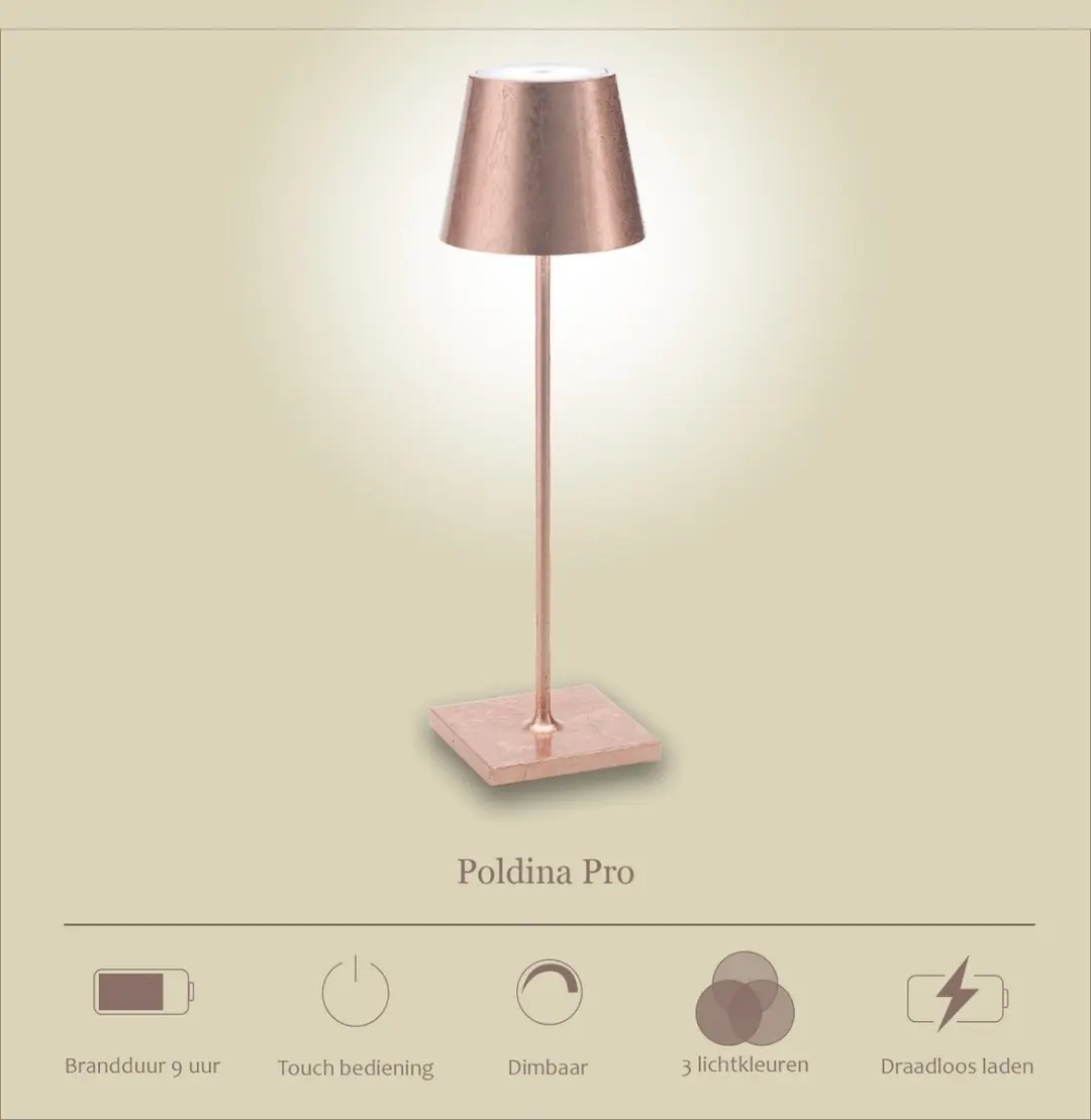Zafferano Poldina Pro Oplaadbare LED Tafellamp Koper - 3000K