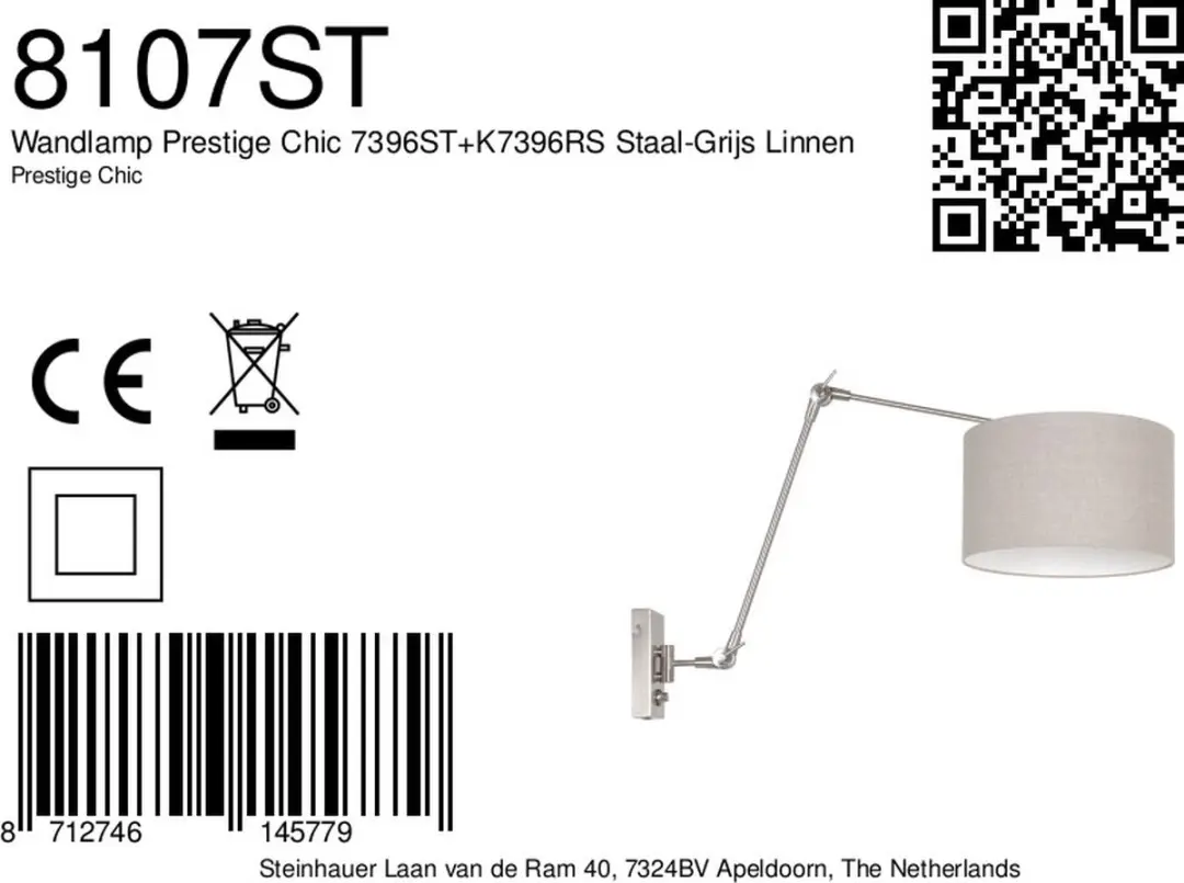 Steinhauer Prestige Chic 8107ST Wandlamp - Staal met grijs linnen kap - afbeelding 6 van 6