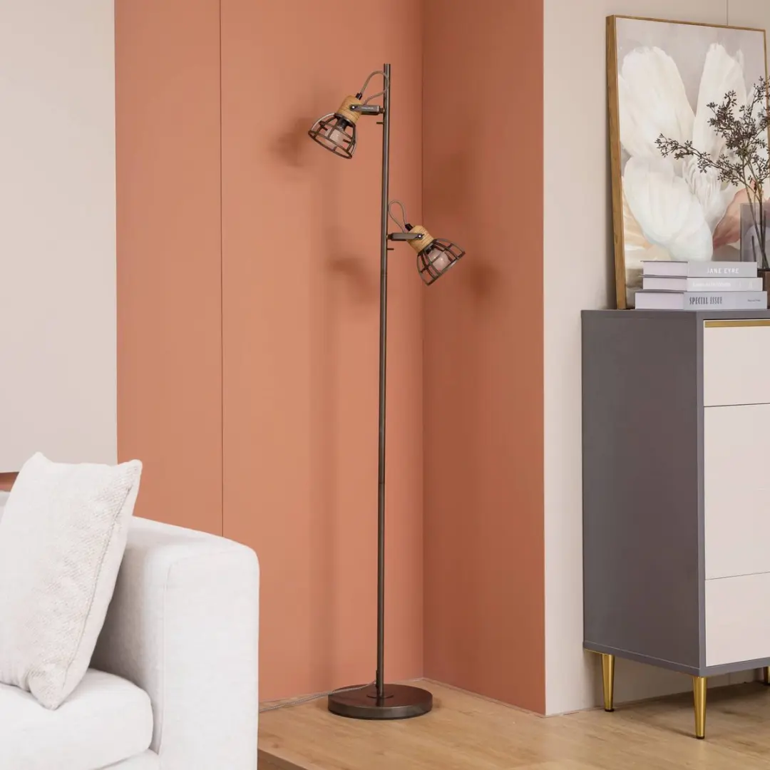 Lindby Vloerlamp 2-lichts - Zwart/licht hout