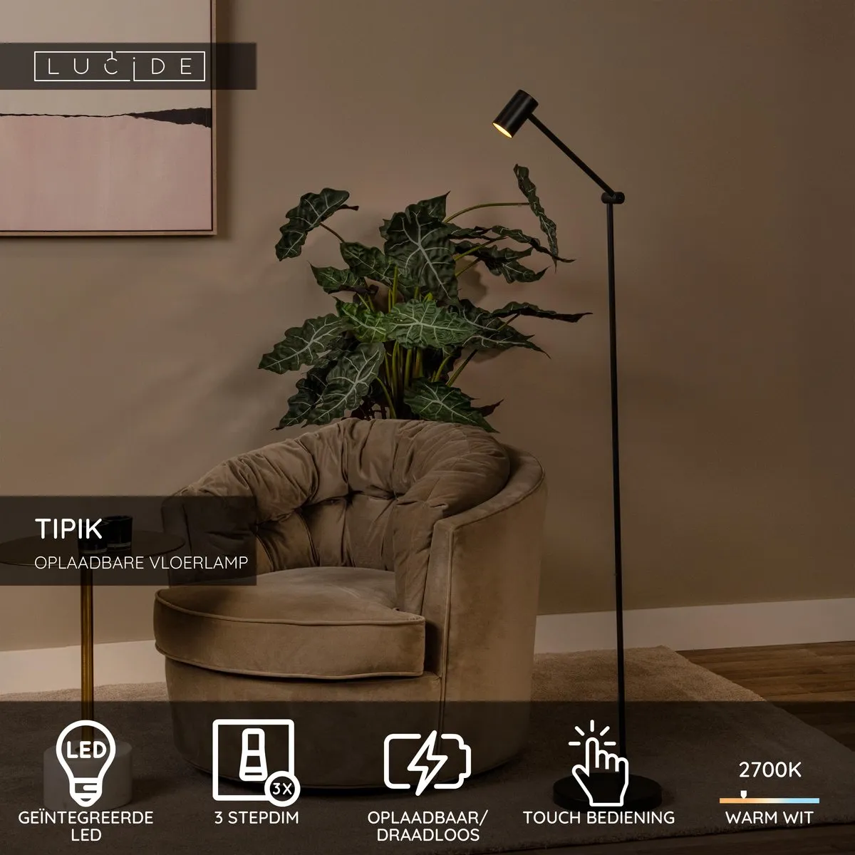 Lucide Tipik Oplaadbare Vloerlamp - 1x3W 2700K - Zwart