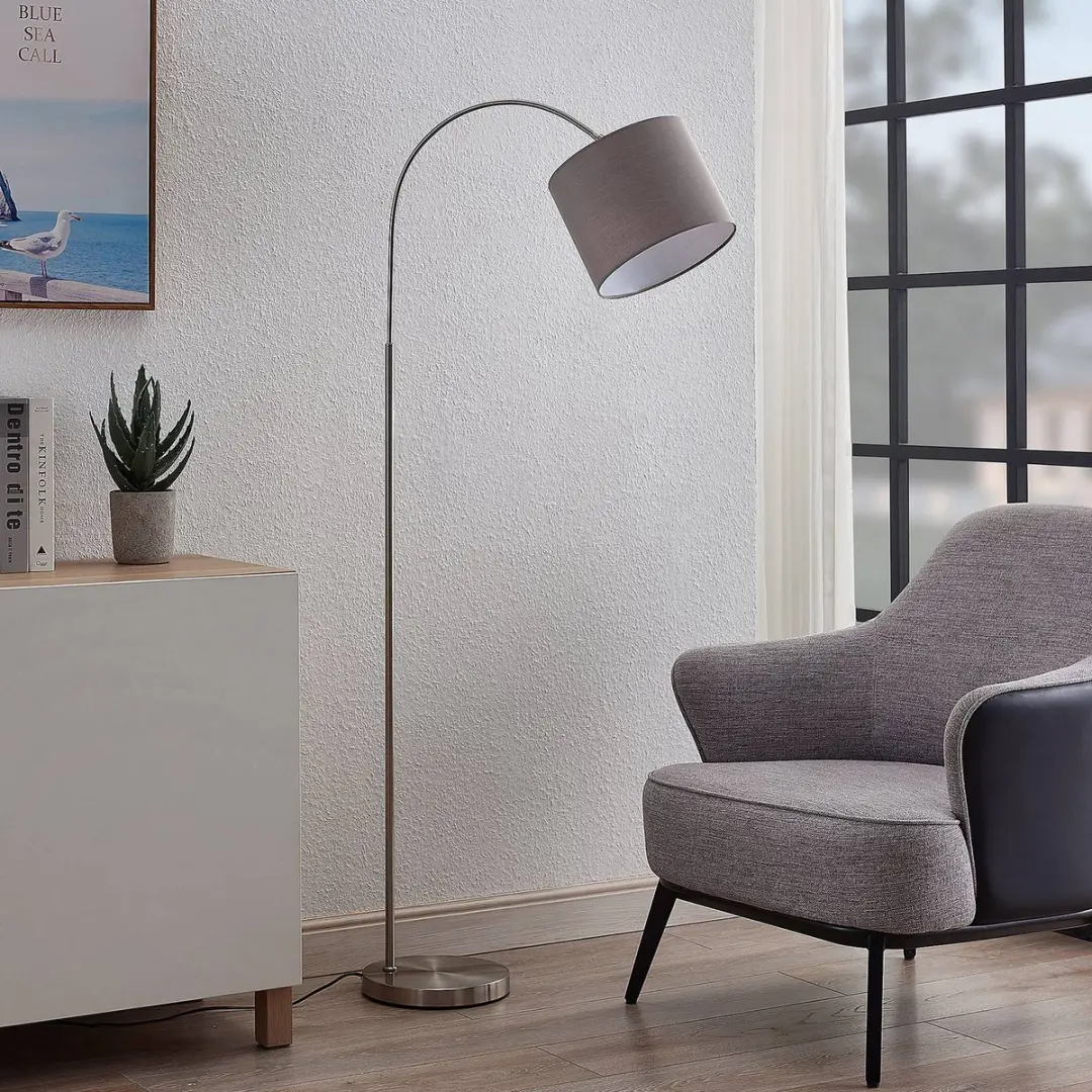 Lindby Booglamp 1 Licht E27 - 15W - Satijnnikkel Grijs