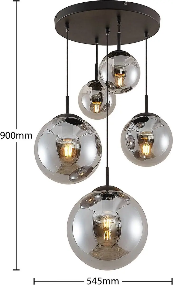 Lindby Hanglamp 5-lichts Glas Staal - 30cm - E27 - Rookgrijs/Zwart - afbeelding 6 van 6