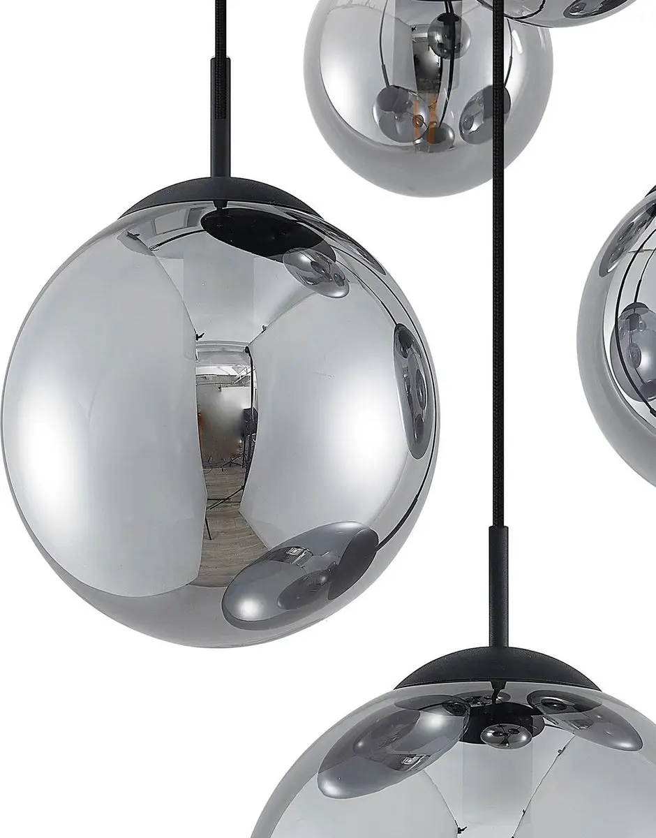 Lindby Hanglamp 5-lichts Glas Staal - 30cm - E27 - Rookgrijs/Zwart