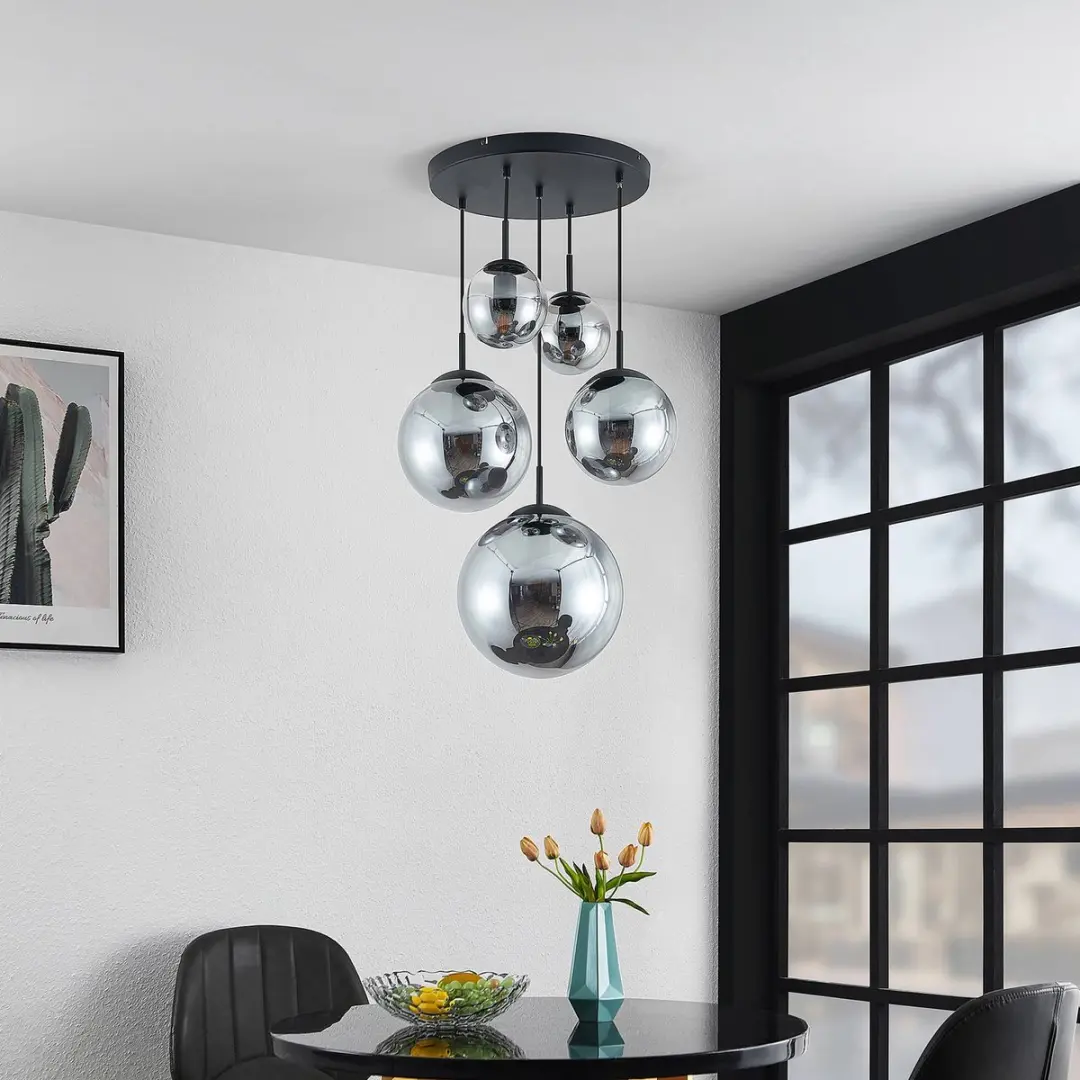 Lindby Hanglamp 5-lichts Glas Staal - 30cm - E27 - Rookgrijs/Zwart