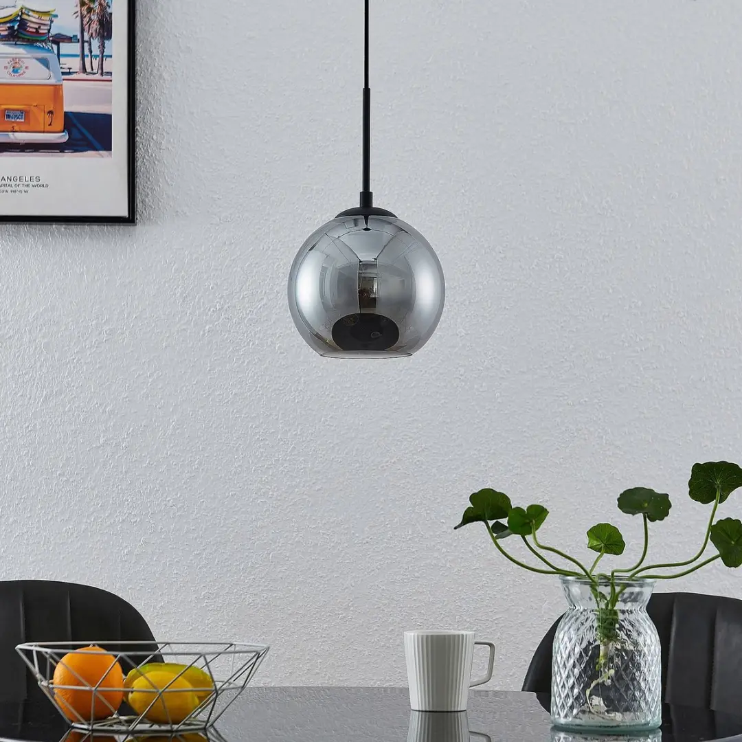 Lindby Hanglamp Staal Glas 17.5cm - Zandzwart Gerookt Glas