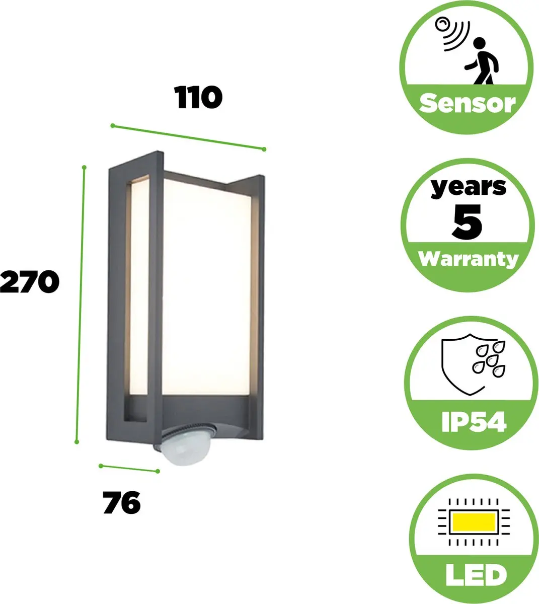 Lutec Qubo LED Wandlamp Buiten - 800 Lm 3000K - PIR Sensor - Donkergrijs