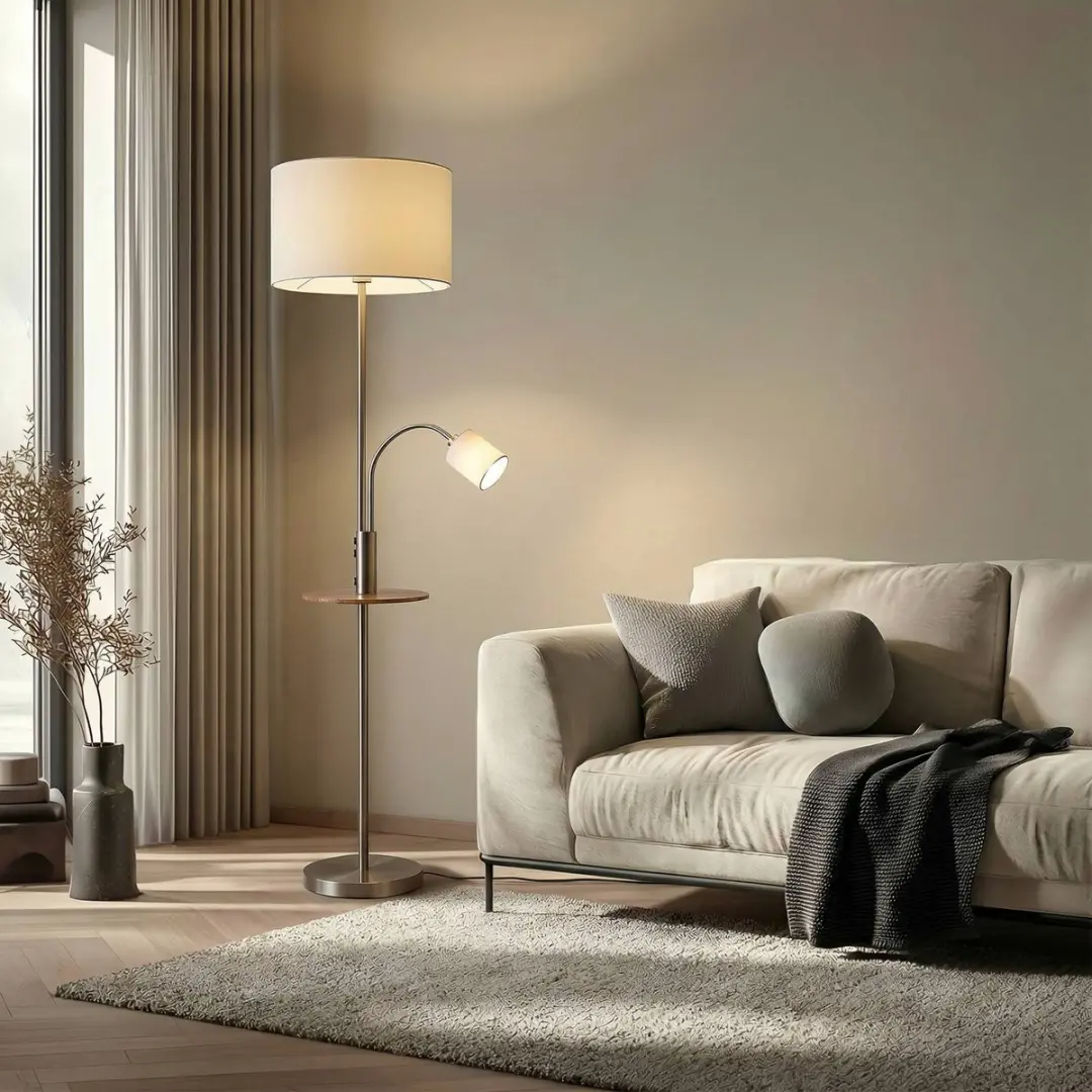 Lindby Vloerlamp 1 Licht - 170cm - Nikkel Satijn/Crèmewit/Licht Hout