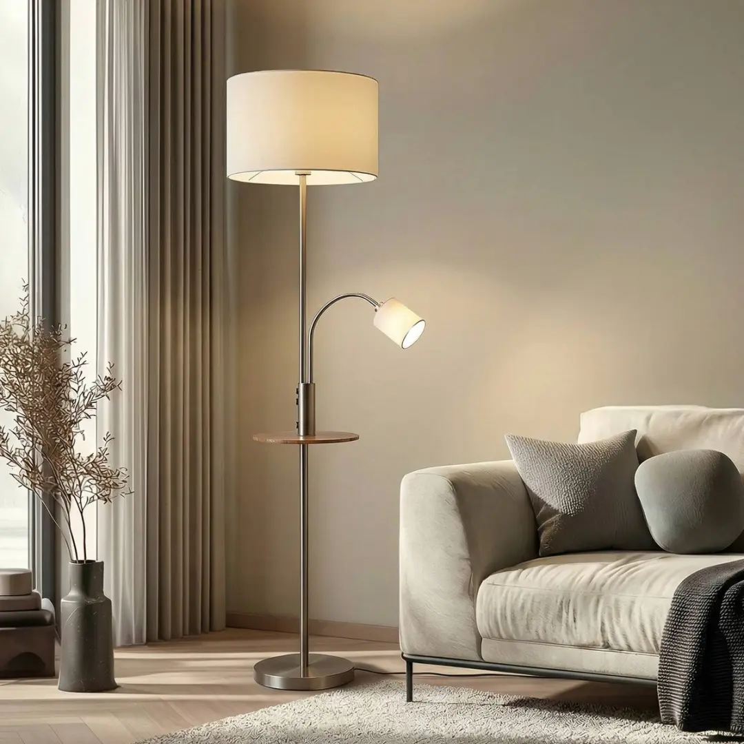 Lindby Vloerlamp 1 Licht - 170cm - Nikkel Satijn/Crèmewit/Licht Hout