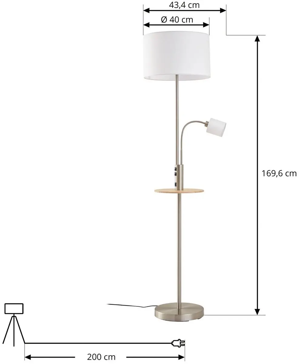 Lindby Vloerlamp 1 Licht - 170cm - Nikkel Satijn/Crèmewit/Licht Hout