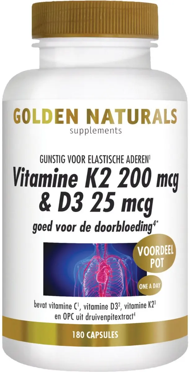 Golden Naturals Vitamine K2 MK-7 & D3 200mcg/25mcg - 180 Capsules