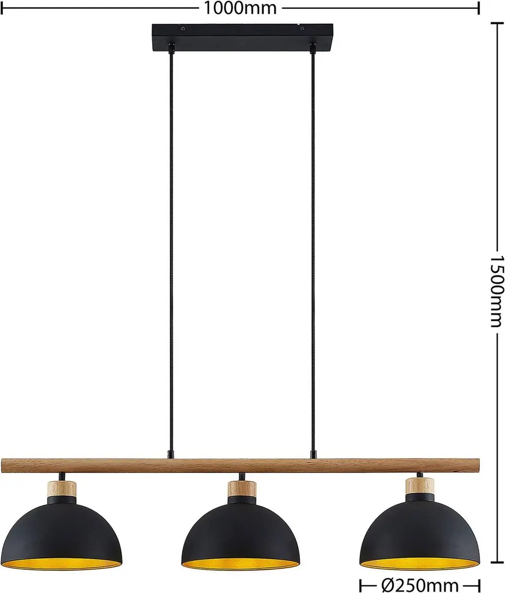 Lindby Hanglamp 3-lichts - 25cm - Zwart/Goud/Licht hout