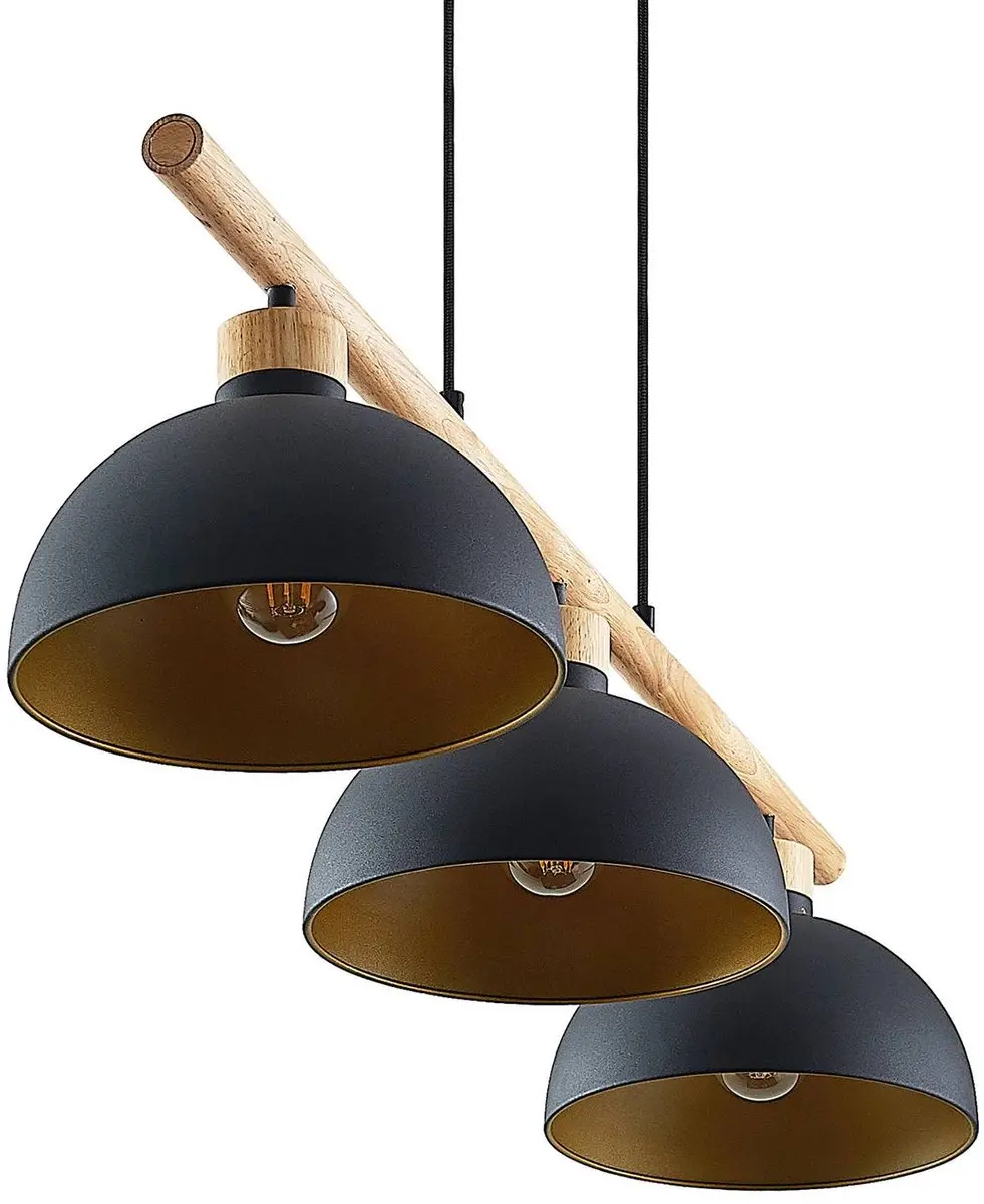 Lindby Hanglamp 3-lichts - 25cm - Zwart/Goud/Licht hout