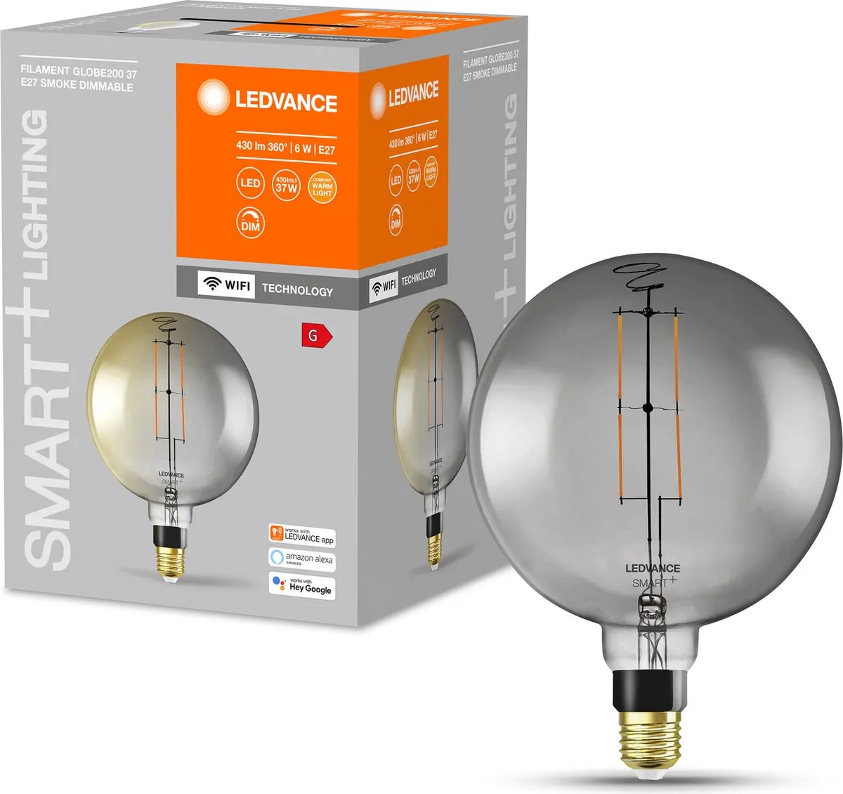 LEDVANCE SMART E27 6W Warm Wit Rookglas Bol 200cm