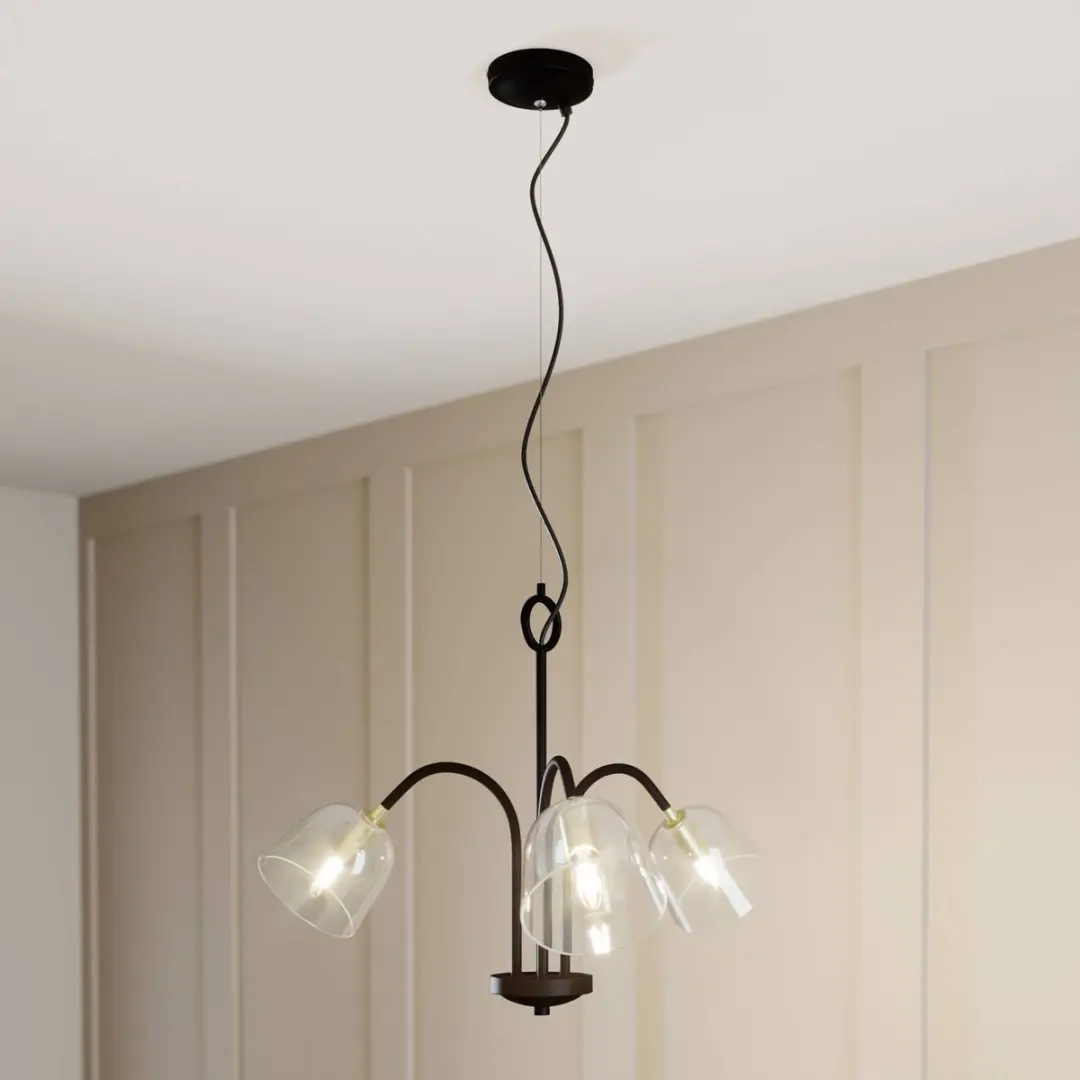 Lucande Hanglamp 3-Lichts Glas Metaal - E14 - 51,5cm - Zwart/Messing