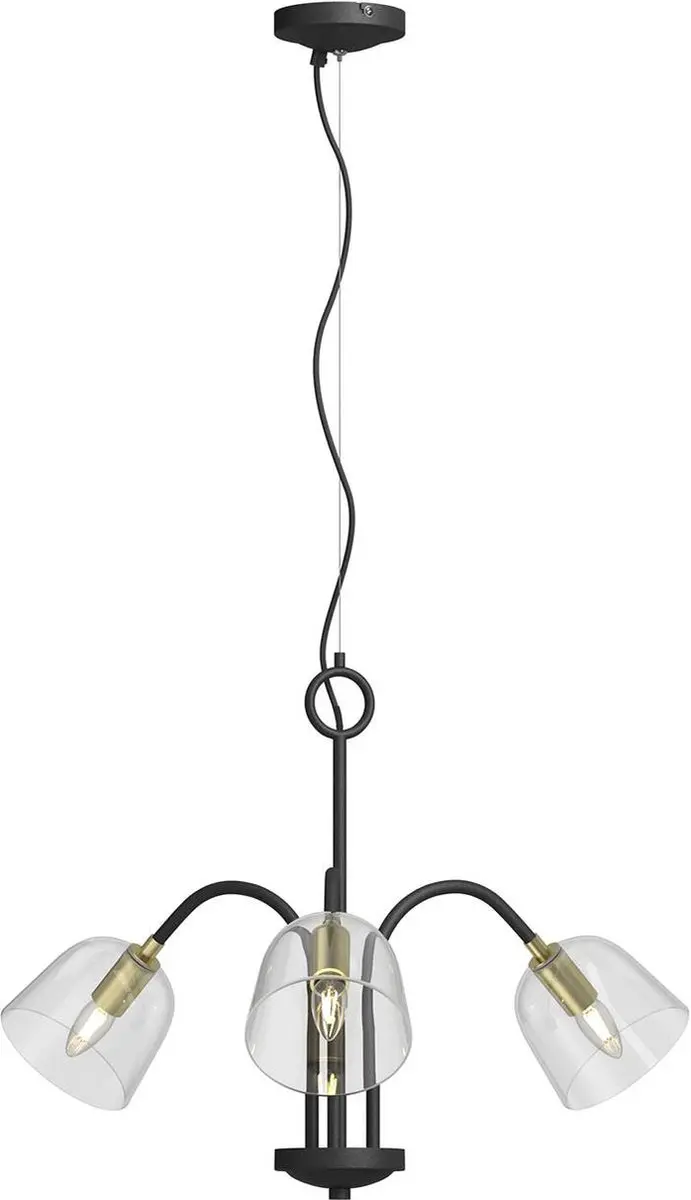 Lucande Hanglamp 3-Lichts Glas Metaal - E14 - 51,5cm - Zwart/Messing