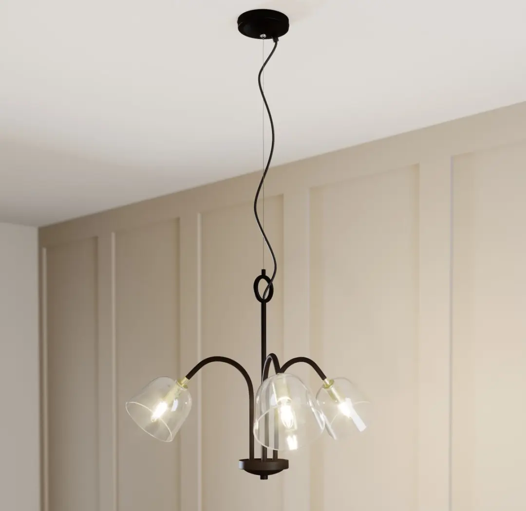 Lucande Hanglamp 3-Lichts Glas Metaal - E14 - 51,5cm - Zwart/Messing