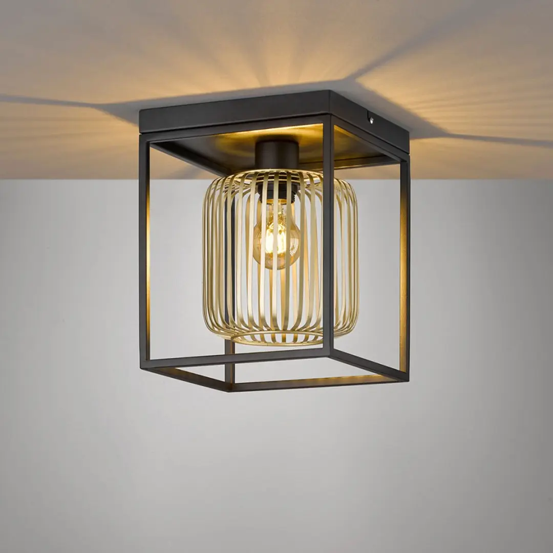Fischer & Honsel Caydo Plafondlamp 1xE27 - 23x23x28.5cm - Zwart/Goud