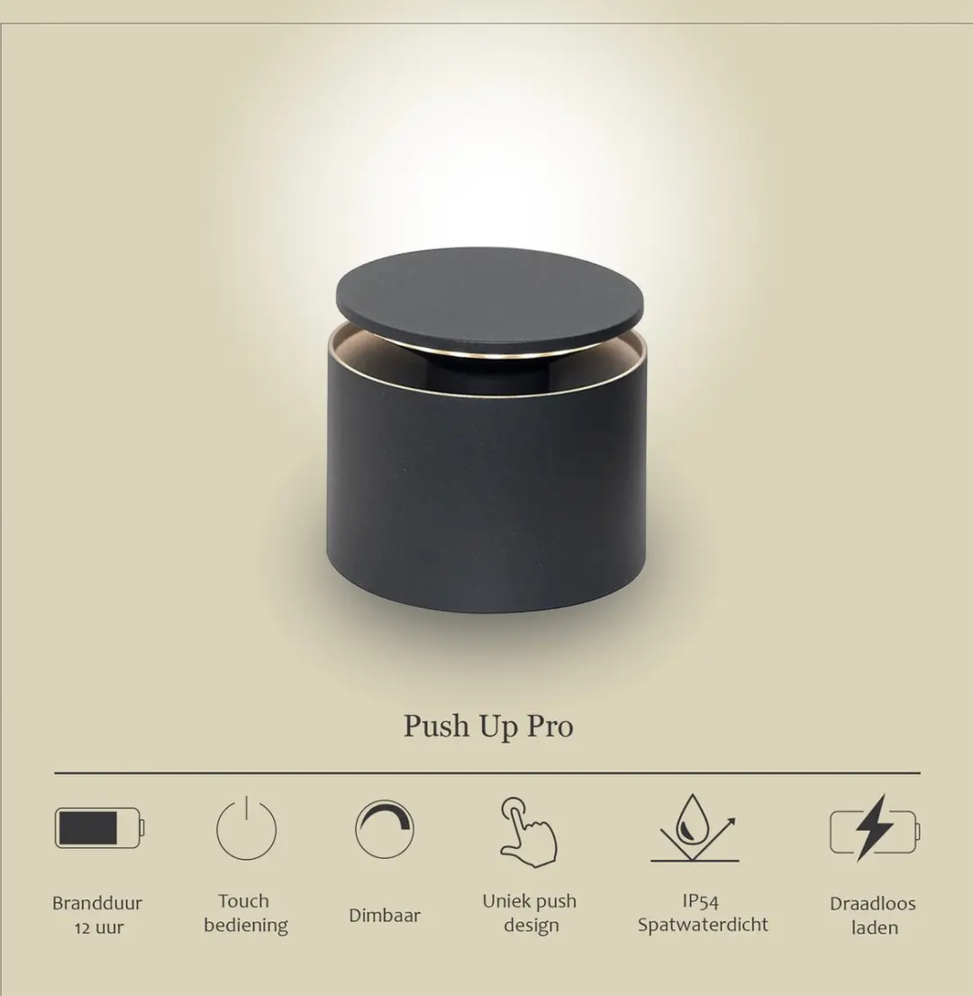 Zafferano Push Up Pro Oplaadbare LED Tafellamp Antraciet - Ø12cm