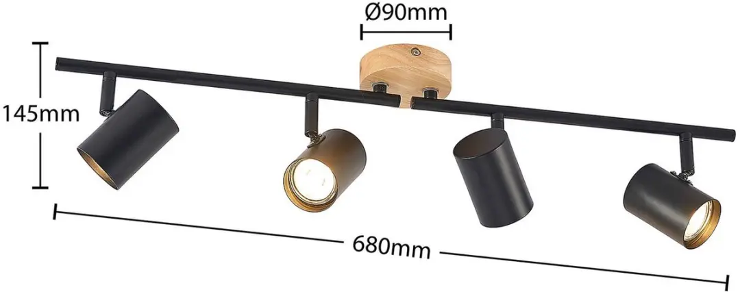 Lindby Plafondlamp 4-Lichts GU10 - Zwart/Licht Hout