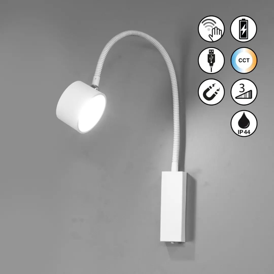 Fischer & Honsel FHL Easy! Wandlamp - Flexibele arm - USB oplaadbaar - Wit