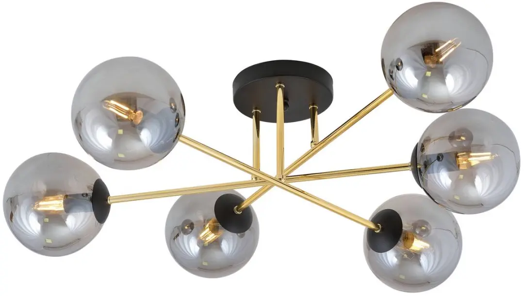Euluna Plafondlamp 6-Lichts Staal Glas - Ø75cm - Zwart/Goud/Grafiet - afbeelding 6 van 6