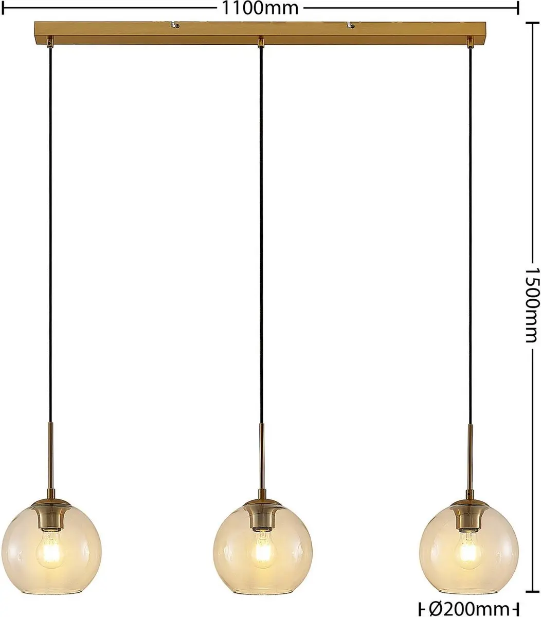 Lindby Hanglamp 3-lichts - Staal/Glas - E27 - Messing/Transparant/Zwart