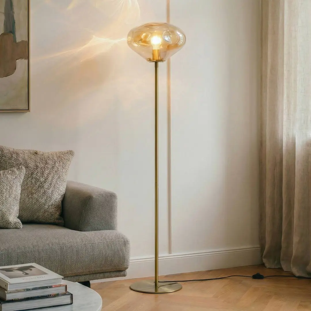 Lindby Vloerlamp 1 Licht E27 - 15W - Amber/Messing