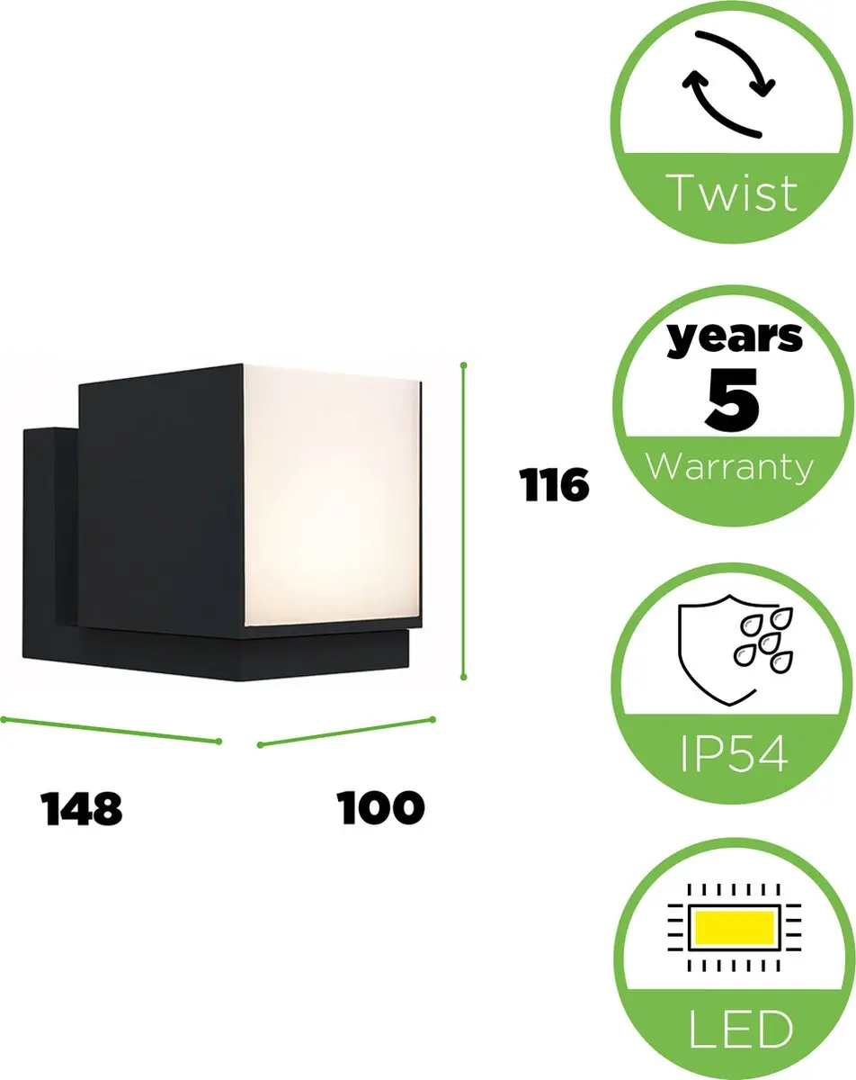Lutec Cuba LED Wandlamp Buiten - 500 Lm 3000K - Mat Zwart