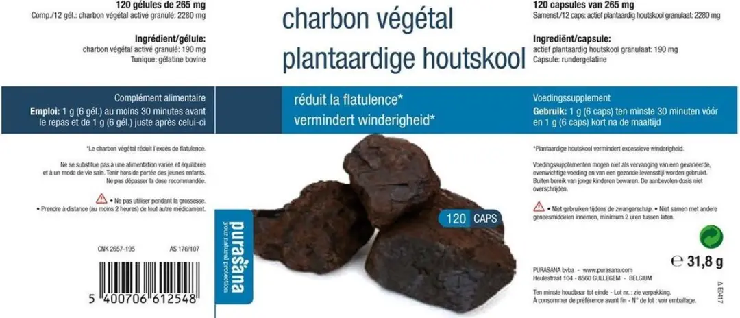 Purasana Houtskool Plantaardig 120g - 120 Stuks