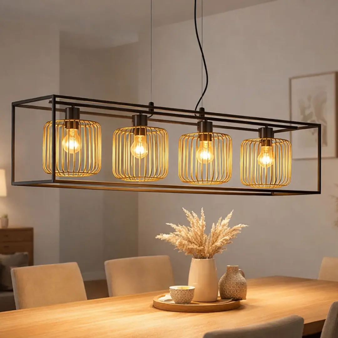 Fischer & Honsel Caydo Hanglamp 4x E27 - 110x23x150cm - Zwart/Goud - afbeelding 6 van 6