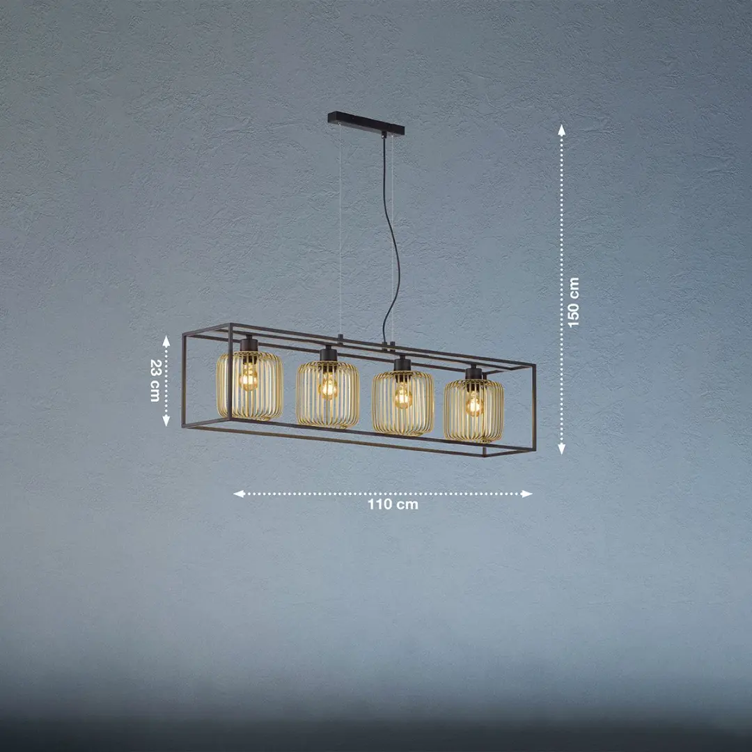 Fischer & Honsel Caydo Hanglamp 4x E27 - 110x23x150cm - Zwart/Goud