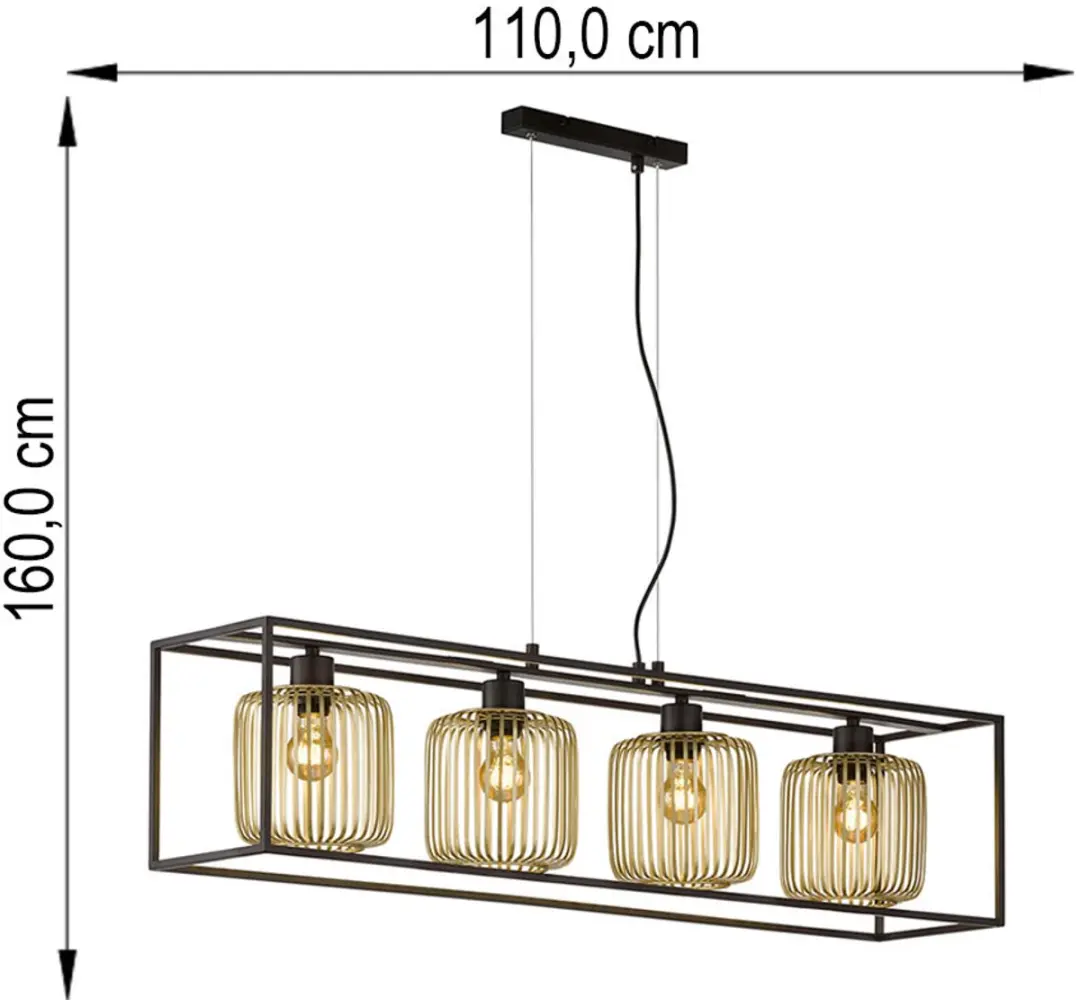 Fischer & Honsel Caydo Hanglamp 4x E27 - 110x23x150cm - Zwart/Goud