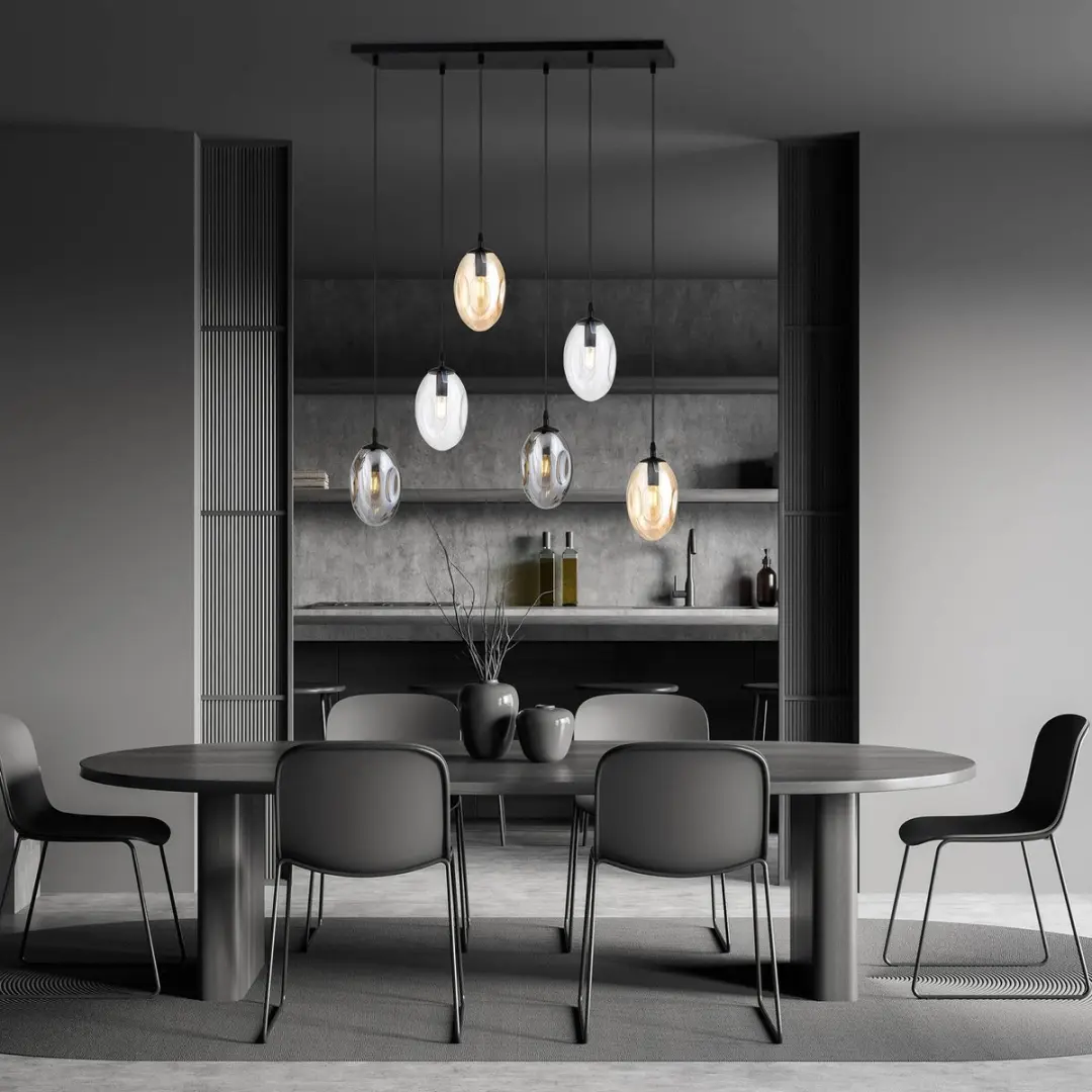 Euluna Hanglamp 6-Lichts Staal Glas - Zwart/Helder/Amber/Rookgrijs