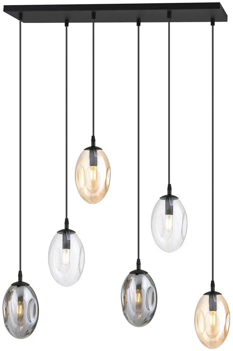 Euluna Hanglamp 6-Lichts Staal Glas - Zwart/Helder/Amber/Rookgrijs
