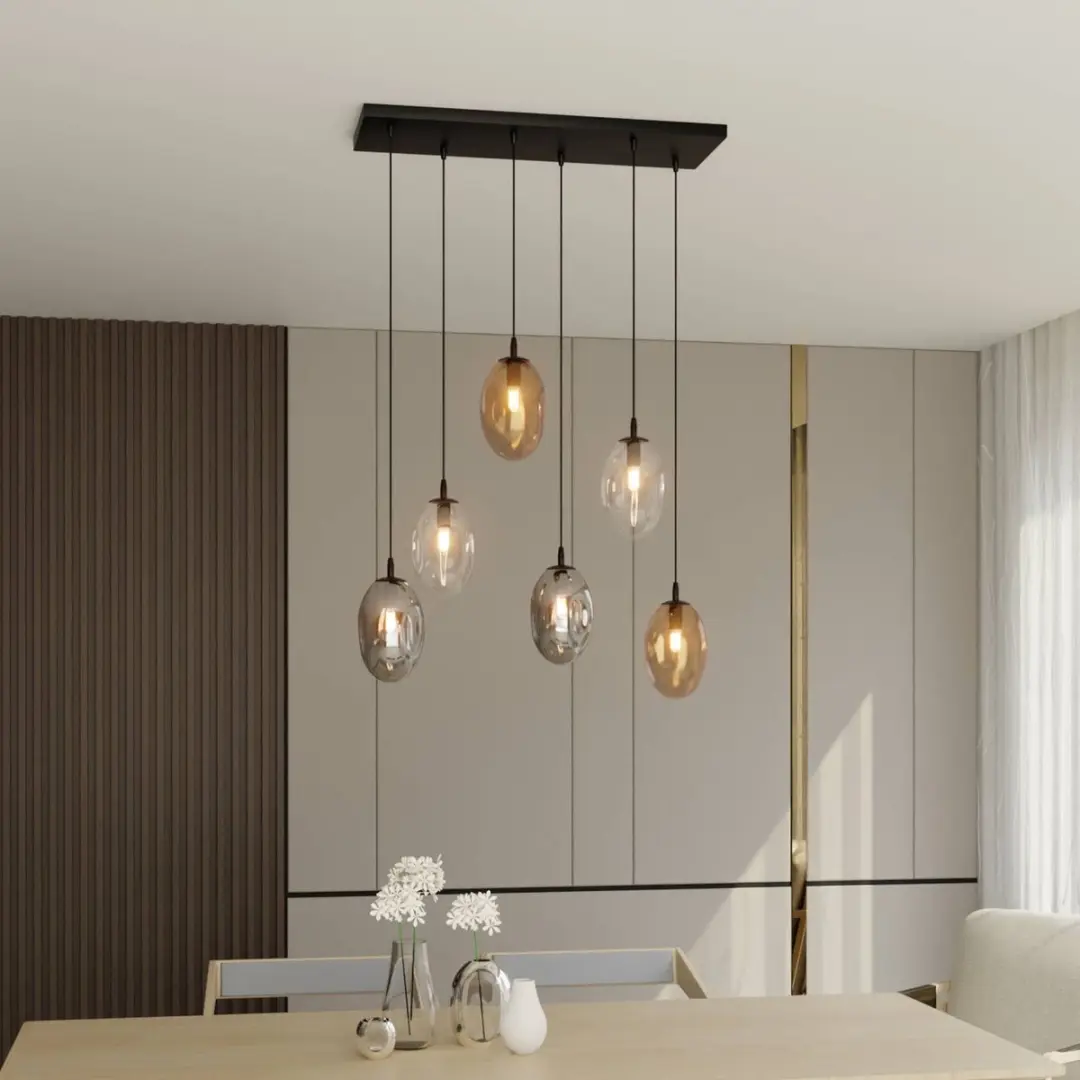 Euluna Hanglamp 6-Lichts Staal Glas - Zwart/Helder/Amber/Rookgrijs