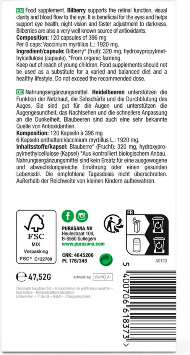 Purasana Blauwe Bosbes Bio Poeder - 120 Capsules