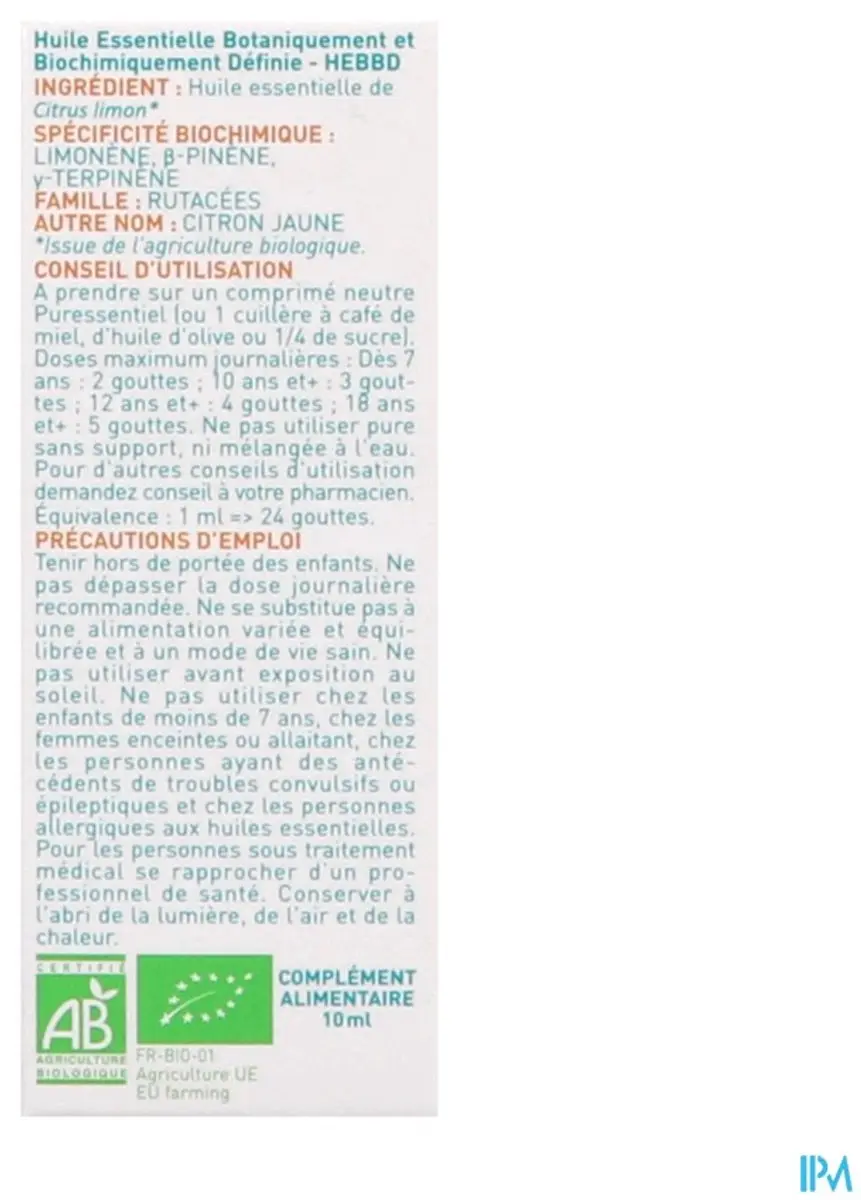 Puressentiel Citroen Etherische Olie Biologisch 10ml