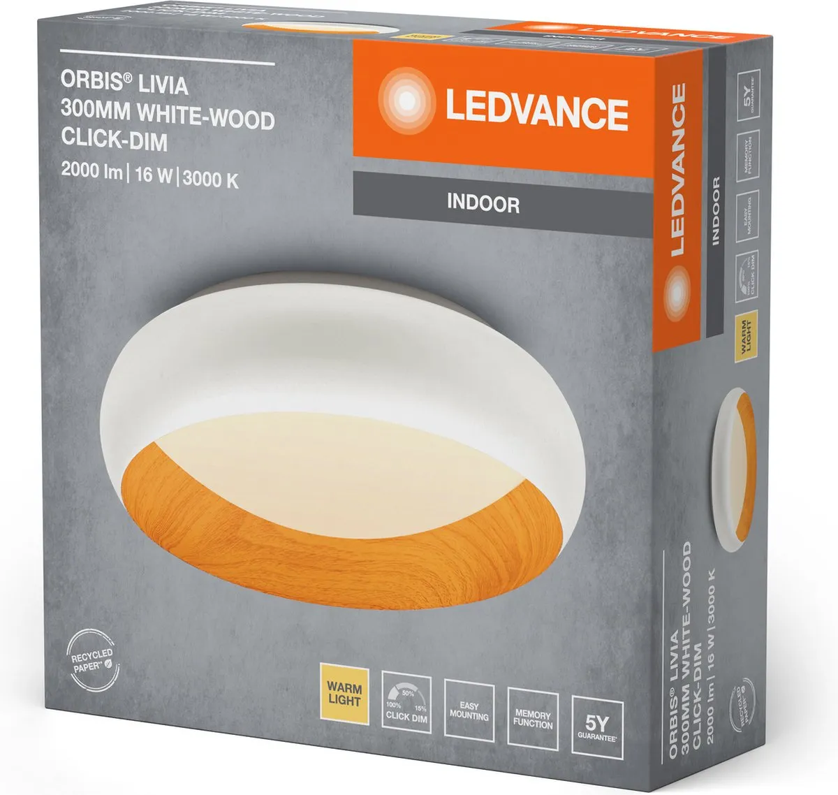 LEDVANCE Orbis Livia Plafondlamp 16W 750lm 3000K - Wit/Houtdecor