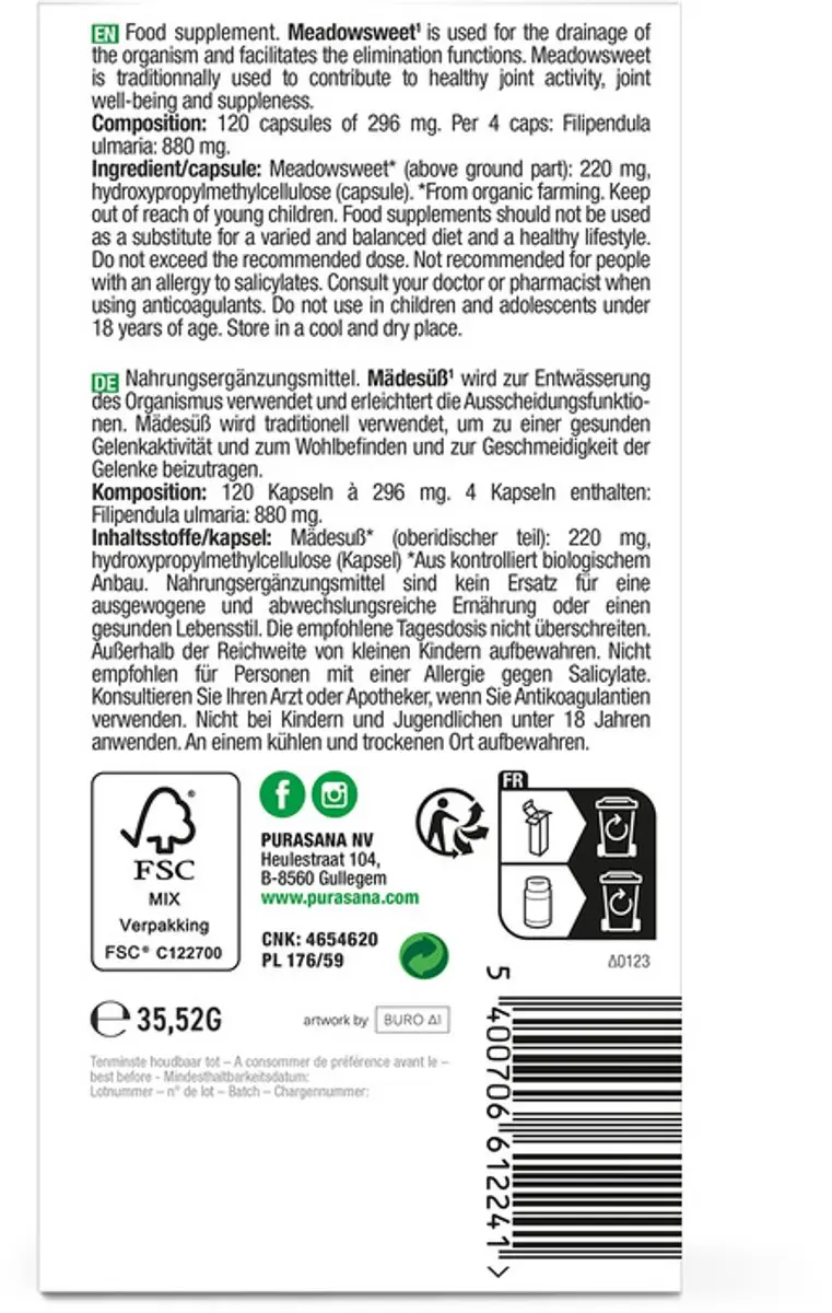 Purasana Bio Moerasspirea 275mg - 120 Capsules