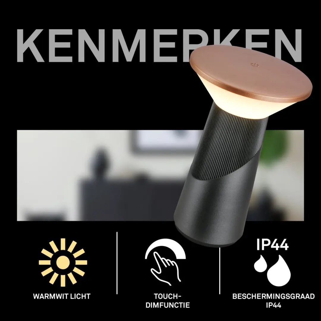 Briloner Pilia Oplaadbare Tafellamp - Ø15cm - Antraciet & Grijs