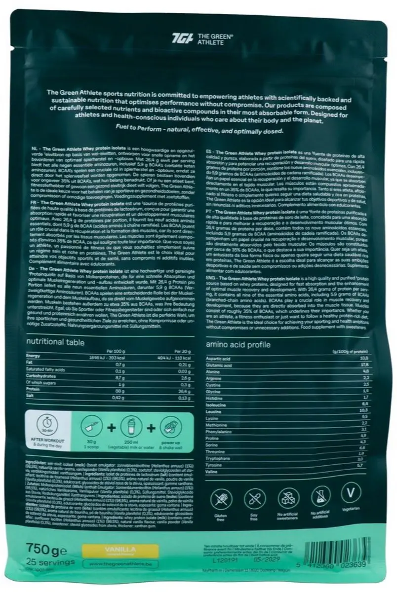 The Green Athlete Whey Protein Isolate Vanille 750g