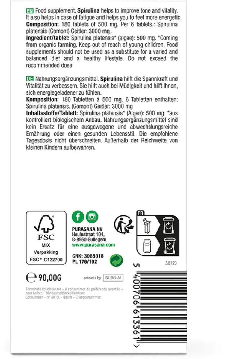 Purasana Spirulina 180 tabletten - 500mg